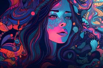 Beautiful woman face fantasy surreal art colorful cosmic psychedelic silhouette illustration. Generative Ai - obrazy, fototapety, plakaty