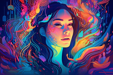 Fantasy surreal woman portrait abstract psychedelic art vibrant galaxy beauty silhouette illustration. i