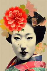 Japanese woman surrealistic cracked face with blossom flowers vintage style digital collage illustration. 