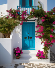 Fototapeta na wymiar Mediterranean Delight: Captivating Greek House with White Walls, Blue Accents, and Blooming Pink Flowers