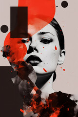 Surreal retro woman portrait contemporary collage style poster with red black colors illustration. i