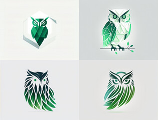 set of icons with leaves, four logo options with owls, with great details, super realistic, in high resolution generated by artificial intelligence.