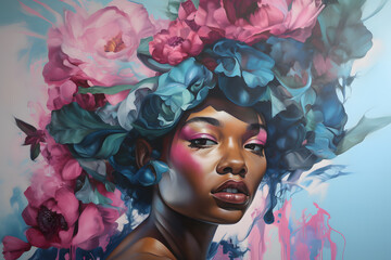 Glamour African woman face with pink flowers hairstyle oil paint artwork elegant poster illustration. 