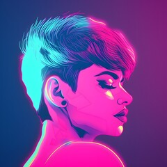Modern cyberpunk androgynous woman portrait short shaved pixie undercut neon bright color poster illustration. 