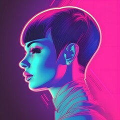 Futuristic cyberpunk androgynous woman with short shaved pixie undercut retro futurism style poster illustration. 