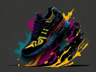 Running in Colorful Paint Splattered Sneake on black background. ai generative