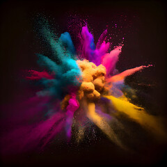 Multicolored watercolor bright explosion dust sand cloud with splashes spots black background illustration. Generative Ai