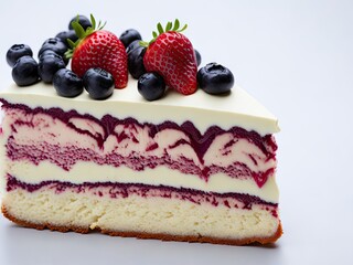 Slice of gourmet fresh berry cake on white background. ai generative