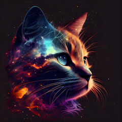 Cat at illuminated night galaxy with abstract astronomy star universe illustration for poster wallpaper. Generative Ai