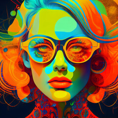 Surreal fashion woman in sunglasses portrait colorful bright creative watercolor paint hairstyle illustration.