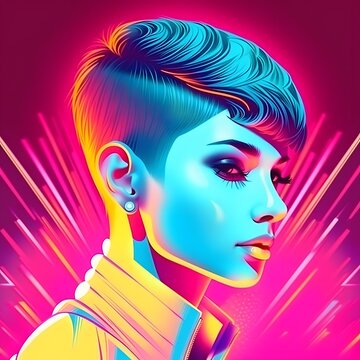 Cyberpunk futuristic woman with short shaved pixie undercut disco neon bright color 80s poster illustration.