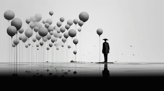 Creative portrait of a man in a suit with a hat among gray balloons. Surrealistic image about dreams, loneliness and hope. Generative AI. Illustration for banner, poster, cover or presentation.