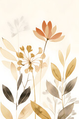Minimalist neutral flowers with green leaves watercolor style clean lines on white background illustration. Generative Ai
