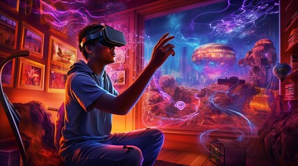 Intersection of technology and entertainment. A person immersed in virtual reality gaming or enjoying a futuristic entertainment experience. Generative AI