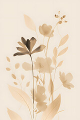 Neutral romantic flowers with leaves minimalist art watercolor paint hand drawn illustration light creme background. Generative Ai