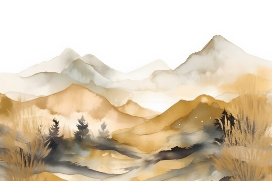 Watercolor mountain landscape pastel soft light warm color hand drawn art natural background illustration. Generative Ai