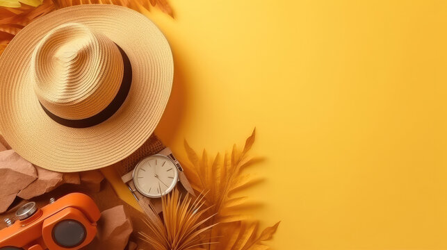 concepto de viaje y vacaciones, maletas y enseres personales, sobre fondo amarillo. ilustracion de ia generativa
