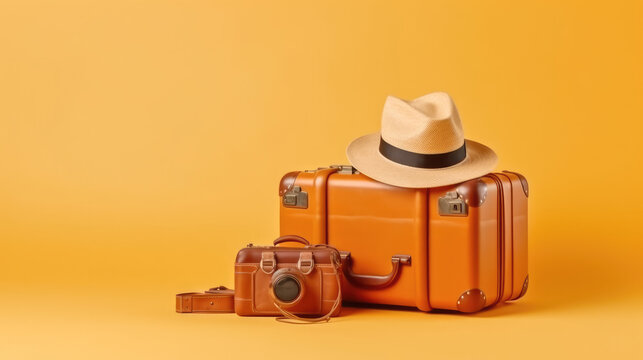 concepto de viaje y vacaciones, maletas y enseres personales, sobre fondo amarillo. ilustracion de ia generativa