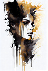 Surreal woman portrait watercolor paint fashion illustration with black golden splash for luxury beauty salon. Generative Ai