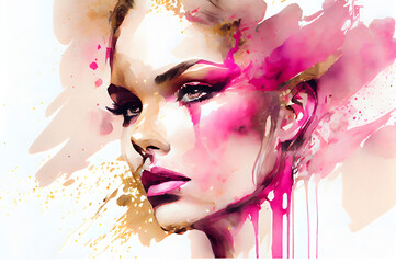Glamour young woman portrait pink golden splash soft color watercolor painting art illustration banner. Generative Ai