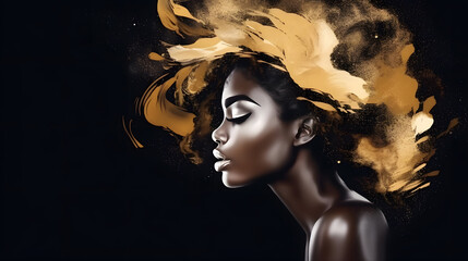Strong beautiful Afro woman face with luxury golden splash watercolor painting art banner illustration. Generative Ai