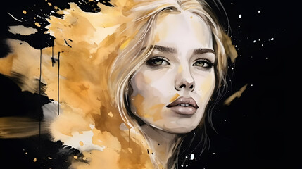 Beautiful young blonde woman face with golden black soft color splash watercolor art painting illustration. Generative Ai