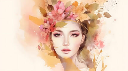 Beautiful Asian woman face in pink floral wreath autumn golden leaves watercolor splash illustration cosmetic. Generative Ai