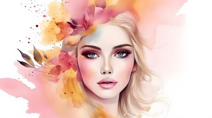 Gentle beautiful woman face with soft pink flowers golden splash fashion banner watercolor illustration. Generative Ai