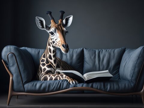 girafe reading book on sofa. ai generative