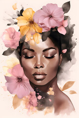 Elegant African woman portrait with pink beige flowers watercolor splash art illustration for beauty poster. Generative Ai