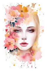 Gentle beautiful woman face with soft pink flowers golden splash fashion banner watercolor illustration. Generative Ai