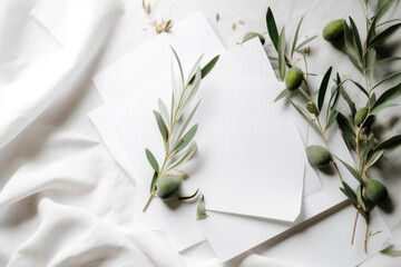 Feminine minimalist styled wedding stationery mockup with a stack of blank invitation cards and a fresh olive twig on a white soft linen background, flat lay