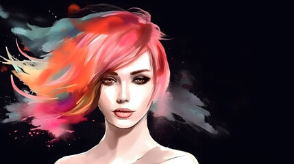 Fashion sensual woman portrait with colorful hairstyle and splash watercolor paint art illustration banner. Generative Ai