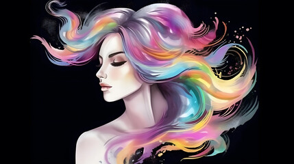 Elegant woman portrait with waving multicolored hair watercolor paint fashion illustration for banner. Generative Ai