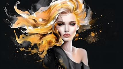 Fototapeta premium Portrait young blonde woman waving hair golden splash watercolor paint illustration banner for coiffure beauty. Generative Ai