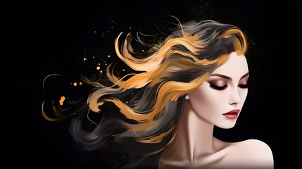 Beauty brunette woman lush hairstyle with golden brush strokes fashion illustration banner for hair stylist. Generative Ai