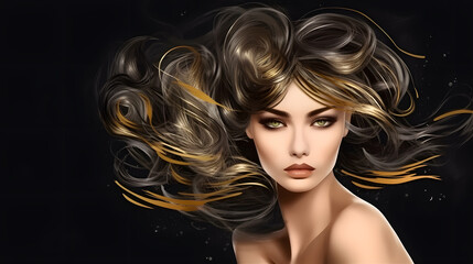 Fototapeta premium Beauty brunette woman lush hairstyle with golden brush strokes fashion illustration banner for hair stylist. Generative Ai