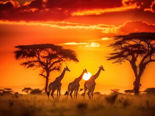 Naklejka na ściany i meble Giraffes in the savannah at sunset. Generative AI