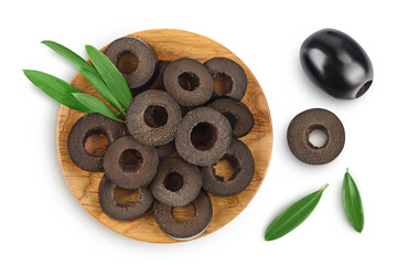 Black olive slices in wooden bowl isolated on a white background with full depth of field. Top view. Flat lay