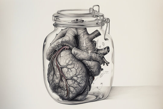 Human heart in glass jar isolated. illustration. Generative AL