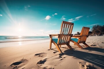 Fototapeta premium Chairs on the sandy beach - Bench - Generative AI