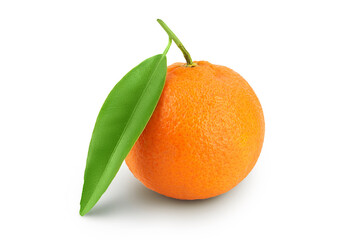 Tangerine or clementine with green leaf isolated on white background with full depth of field.