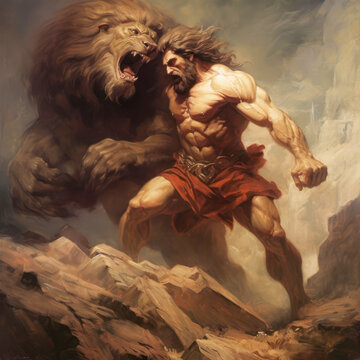 Samson vs Lion. Ai generated illustration.