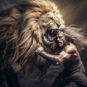 Samson vs Lion. Ai generated illustration.