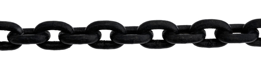 Long black metal chain on a white background. Chain links close up