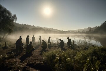 A group of students learning about conservation in a nature reserve, engaged in planting native saplings, with a serene lake in the background. World Environment Day. AI Generative.