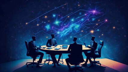 Businessmen with Star Bodies in a Cosmic Landscape