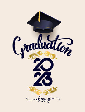 Graduation cap, golden branch. Banner for design of graduation 2023. Congratulations graduates of 2023. Template for decoration of degree ceremony in social media, web, card. Vector illustration.