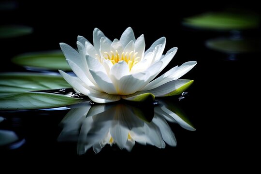 Zen in Motion: White Lotus Flower Floating on Dark Watery Background. Generative AI