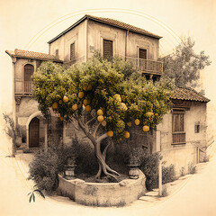 European house with garden and lemon tree